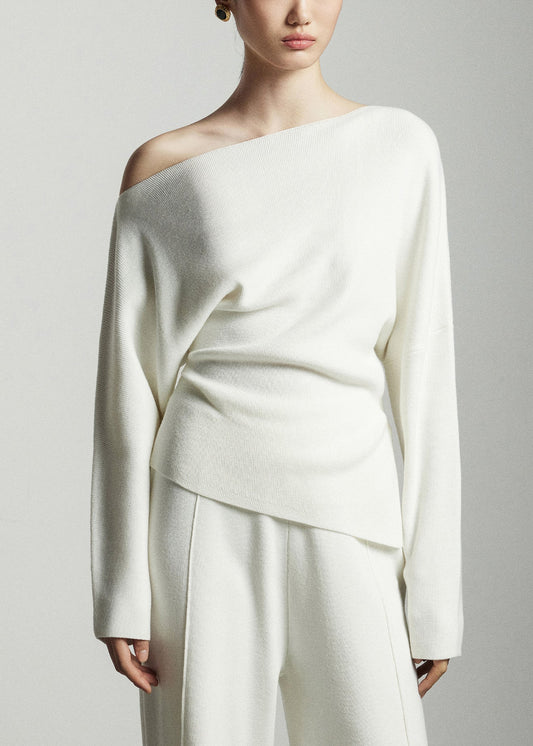 Modern White Slash Neck Woolen Knit Pullover Batwing Sleeve