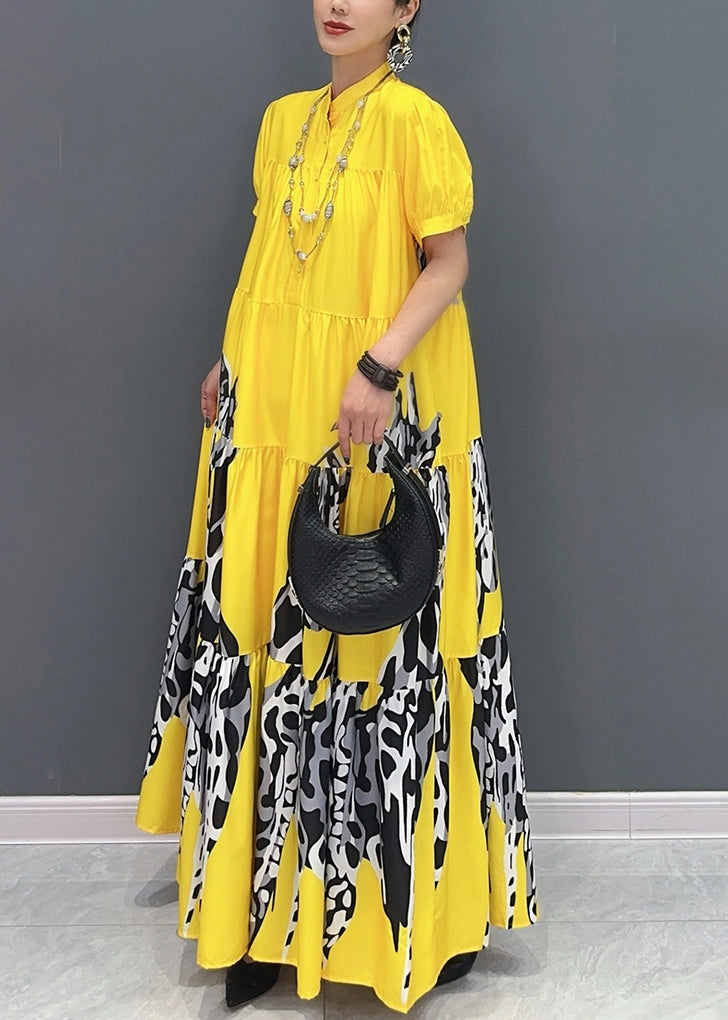 Modern Yellow Print Patchwork Long Dresses Summer