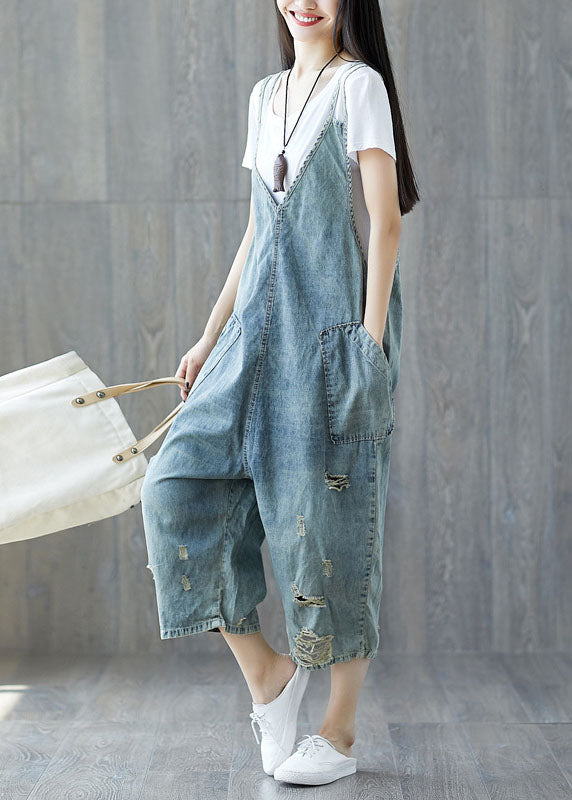 Modern pocket ripped light blue jeans loose jumpsuit spring