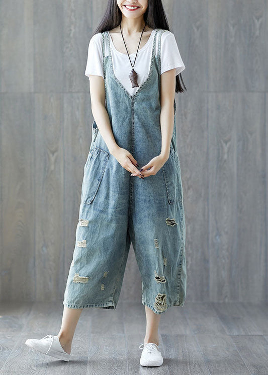 Modern pocket ripped light blue jeans loose jumpsuit spring