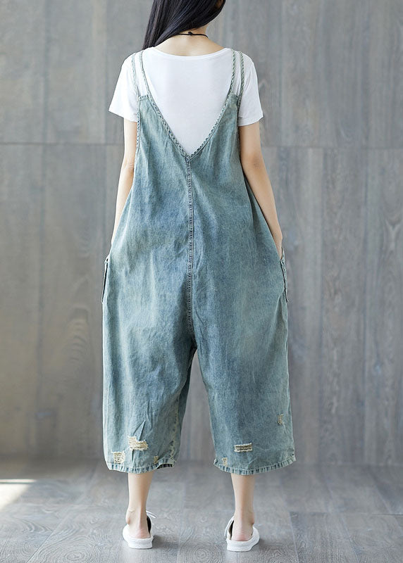 Modern pocket ripped light blue jeans loose jumpsuit spring