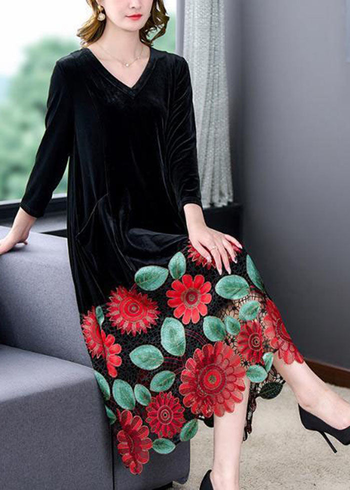 V Neck Modern Black Floral Panel Cutout Silk Velour Dress Spring