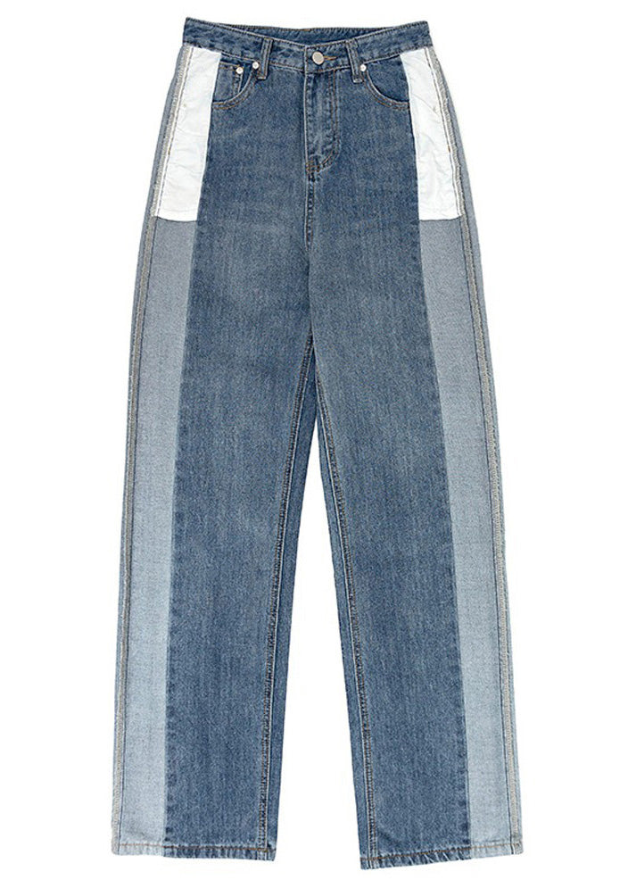 Modern Blue High Rise Button Patchwork Denim Straight Leg Pants