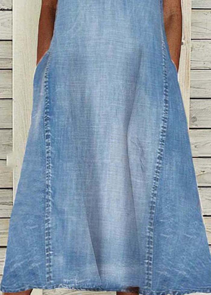 V Neck Modern Blue Washed Denim A Line Sleeveless Dress