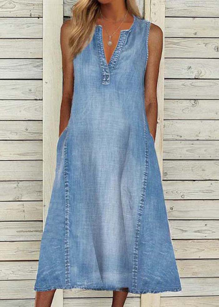 V Neck Modern Blue Washed Denim A Line Sleeveless Dress