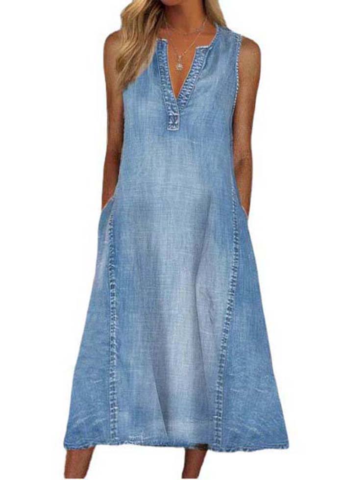 V Neck Modern Blue Washed Denim A Line Sleeveless Dress