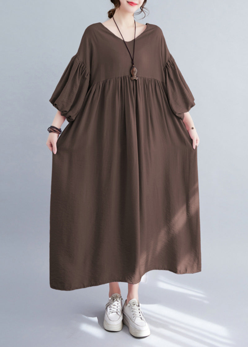 Modern Coffee Oversized Hem Cotton Pleated  Dresses Lantern Sleeve