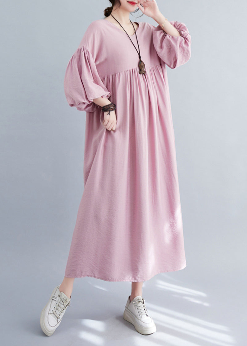 Modern Coffee Oversized Hem Cotton Pleated  Dresses Lantern Sleeve