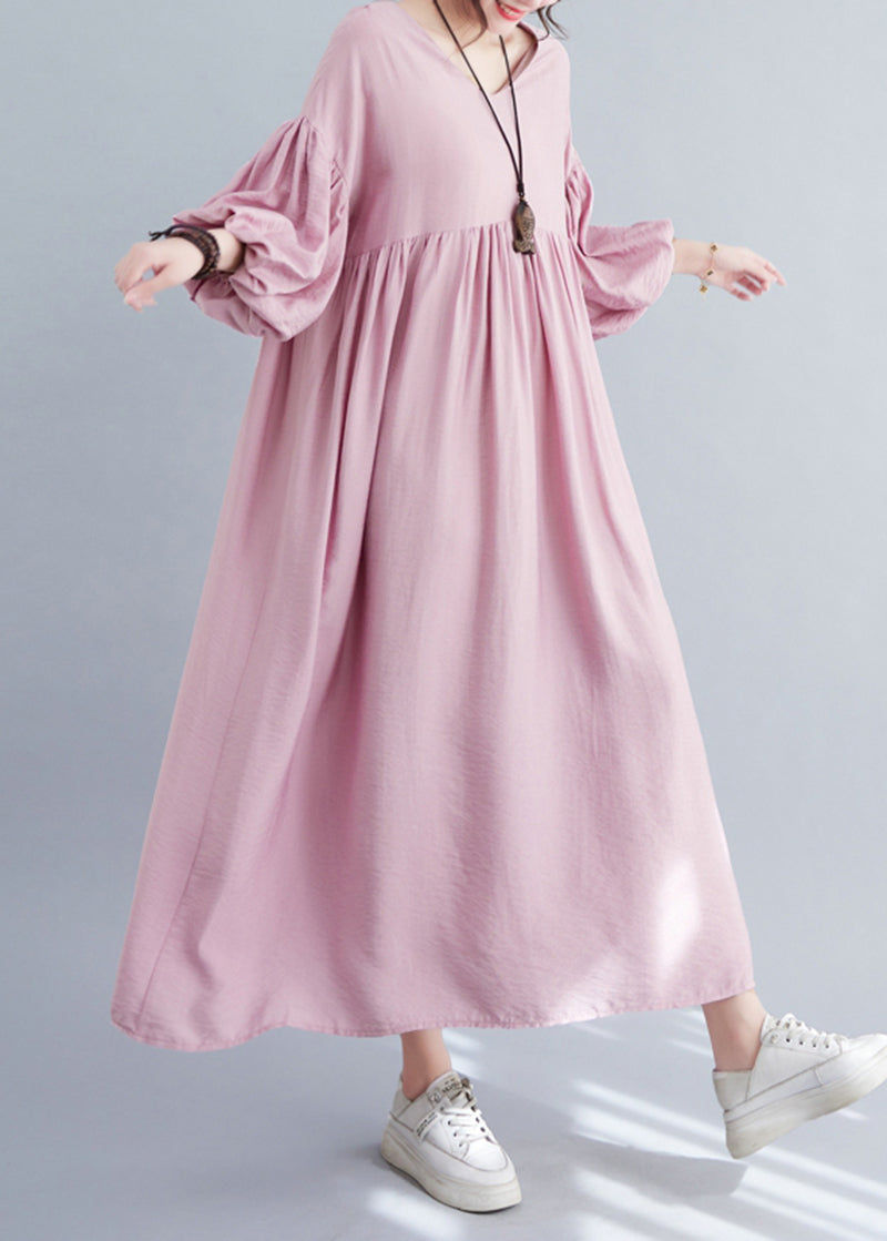 Modern Coffee Oversized Hem Cotton Pleated  Dresses Lantern Sleeve