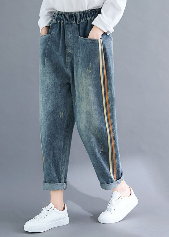 Modern Deinm Blue Pockets Striped Patchwork Elastic Waist Harem Pants Fall