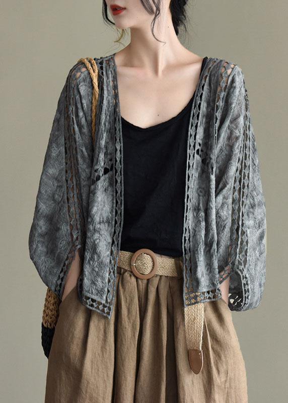 Modern Jacquard Cutout Cotton Khaki Short Cardigans