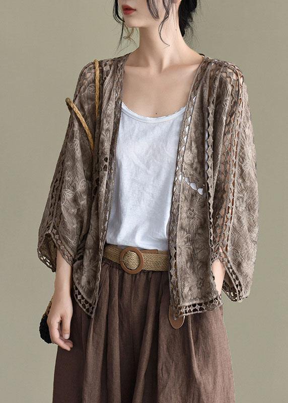 Modern Jacquard Cutout Cotton Khaki Short Cardigans