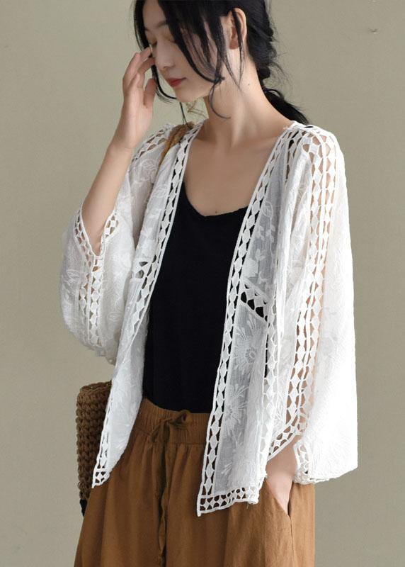 Modern Jacquard Cutout Cotton Khaki Short Cardigans