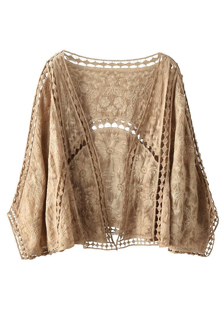 Modern Jacquard Cutout Cotton Khaki Short Cardigans