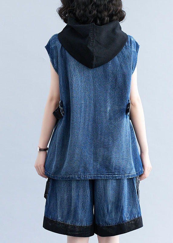 Modern navy blue hooded pocket denim top and pants two piece summer