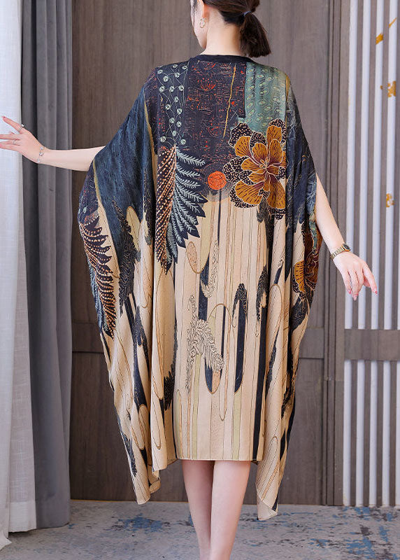 Modern Print Oversized Silk Holiday Dress With Dolman Sleeves