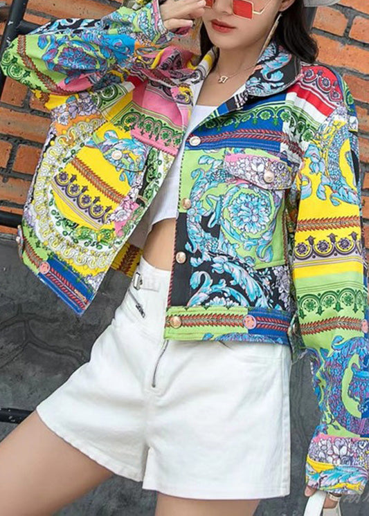 Modern Print Patchwork Peter Pan Collar Denim Coat Long Sleeves