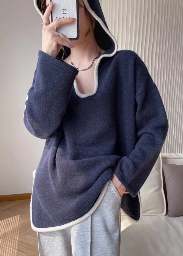 Modern White Hooded Patchwork Woolen Sweater Tops Fall