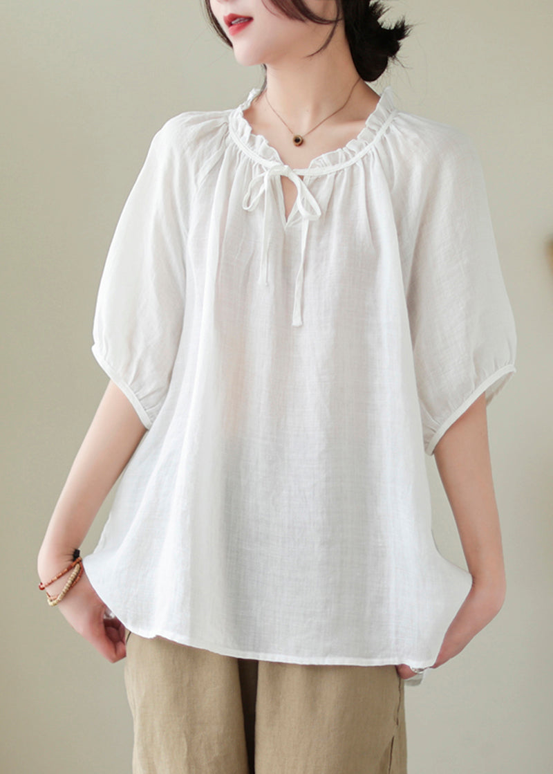 French White Oversized Ruffle Linen Blouse Top Summer