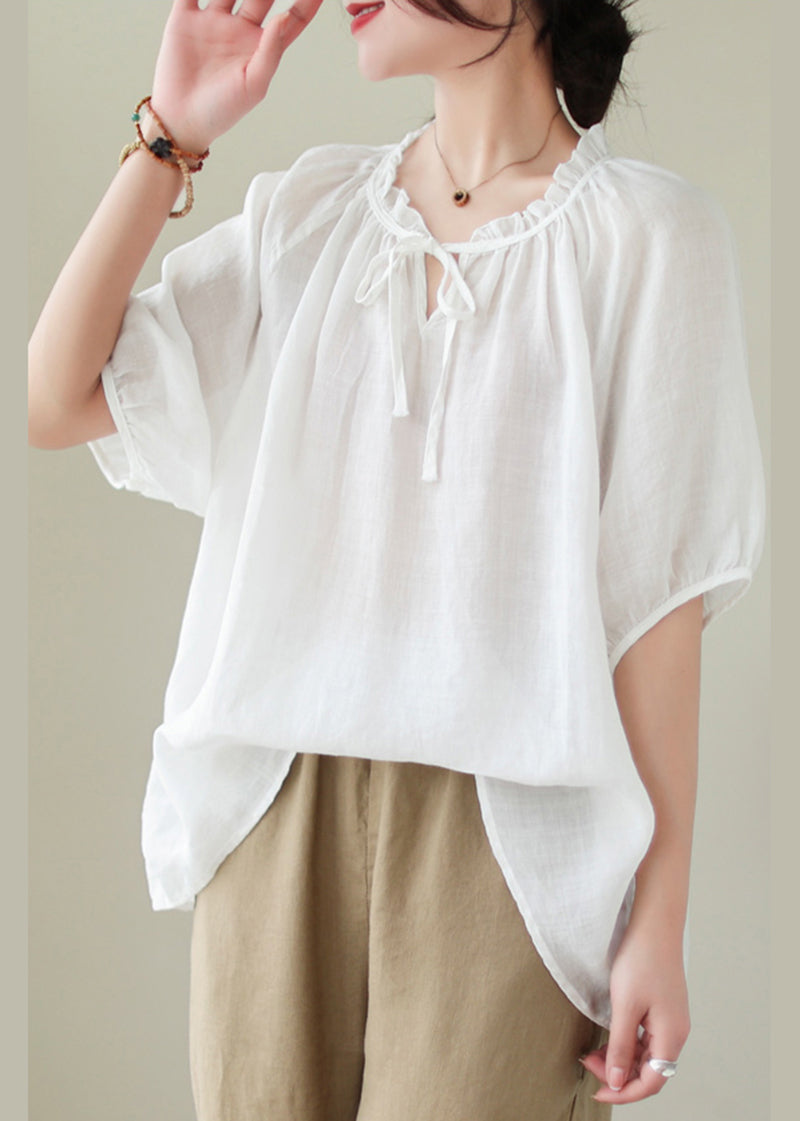 French White Oversized Ruffle Linen Blouse Top Summer