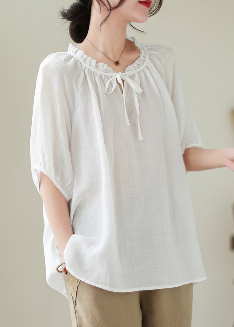 French White Oversized Ruffle Linen Blouse Top Summer