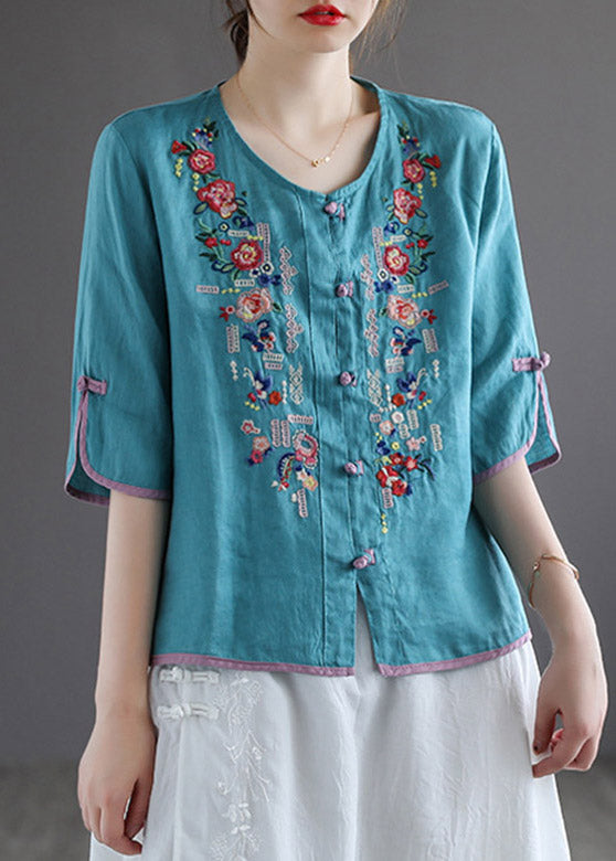 Modern White V Neck Embroideried Floral Button Linen Shirt Half Sleeve