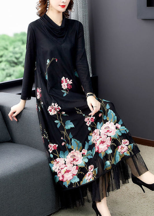 Natural Black Paneled Embroidered Silk Holiday Dress Spring