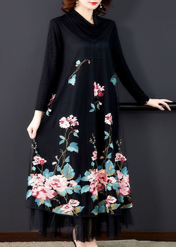 Natural Black Paneled Embroidered Silk Holiday Dress Spring