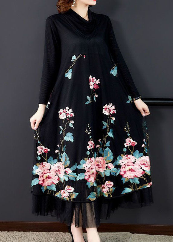 Natural Black Paneled Embroidered Silk Holiday Dress Spring