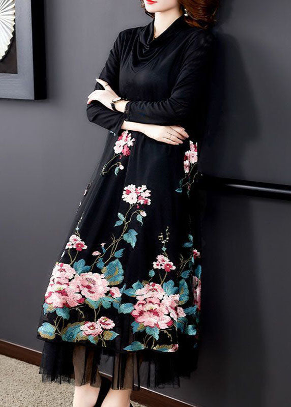 Natural Black Paneled Embroidered Silk Holiday Dress Spring