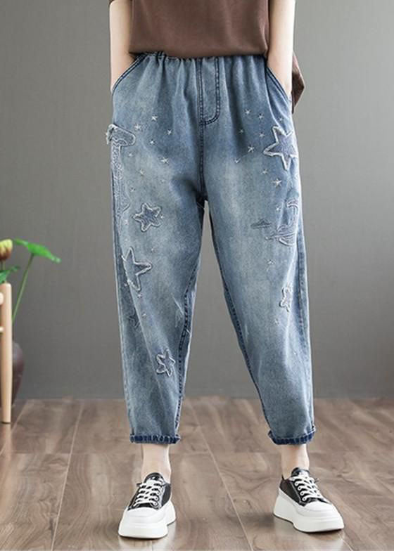 Natural blue pocket patchwork embroidered denim pants summer