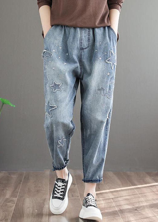 Natural blue pocket patchwork embroidered denim pants summer