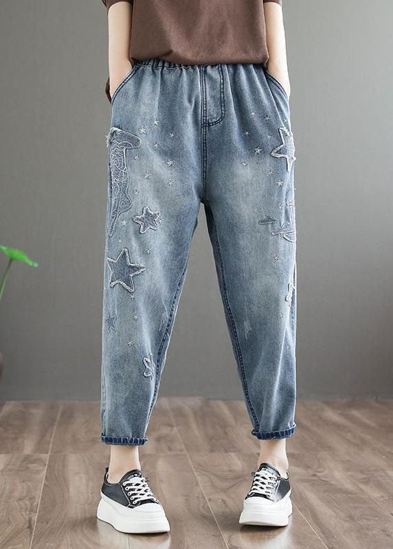 Natural blue pocket patchwork embroidered denim pants summer