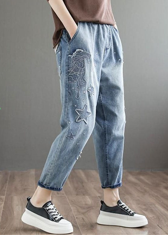 Natural blue pocket patchwork embroidered denim pants summer