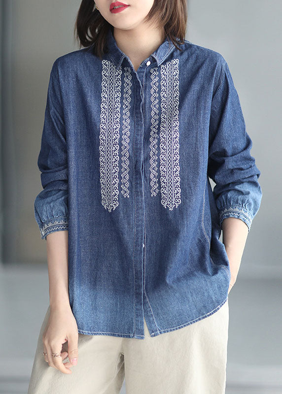 Natural Blue Patchwork Embroidered Peter Pan Collar Denim Shirt Long Sleeve