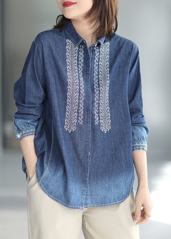 Natural Blue Patchwork Embroidered Peter Pan Collar Denim Shirt Long Sleeve