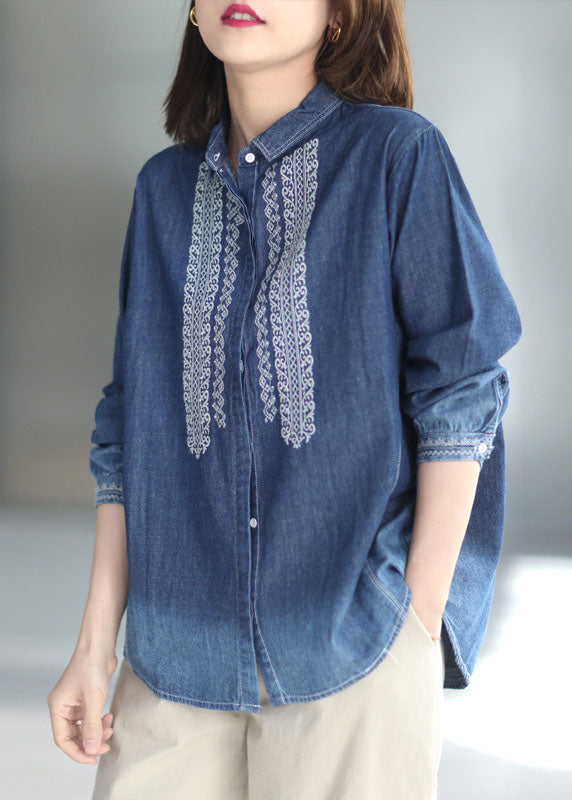 Natural Blue Patchwork Embroidered Peter Pan Collar Denim Shirt Long Sleeve