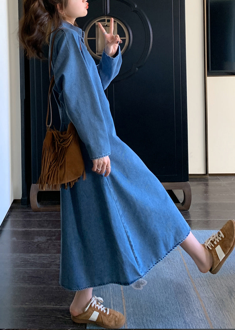 Natural Denim Blue Peter Pan Collar Zippered Patchwork Long Dress Fall