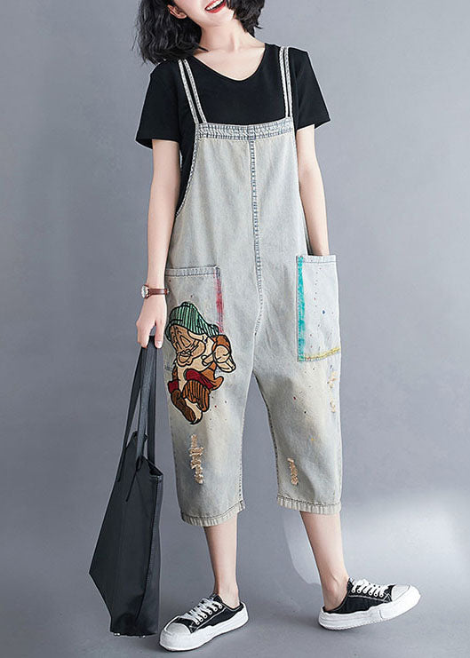 Natural Light Blue Patchwork Cotton Denim Overalls Jumpsuit Summer