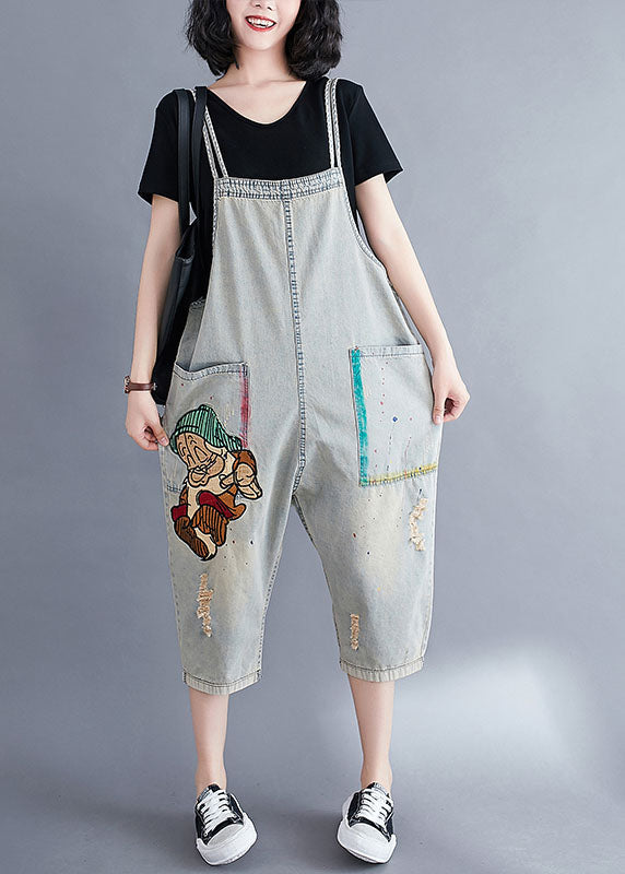 Natural Light Blue Patchwork Cotton Denim Overalls Jumpsuit Summer