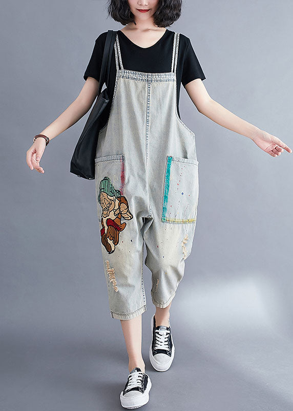 Natural Light Blue Patchwork Cotton Denim Overalls Jumpsuit Summer