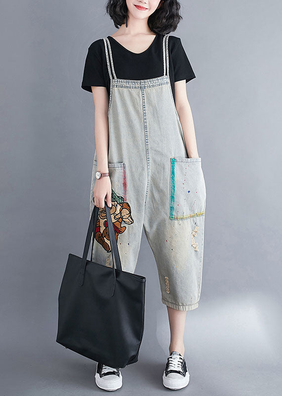 Natural Light Blue Patchwork Cotton Denim Overalls Jumpsuit Summer