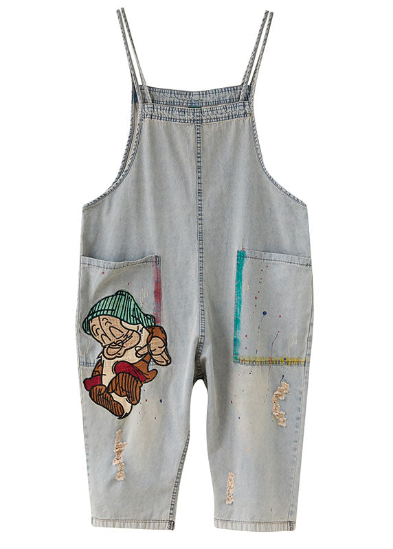 Natural Light Blue Patchwork Cotton Denim Overalls Jumpsuit Summer