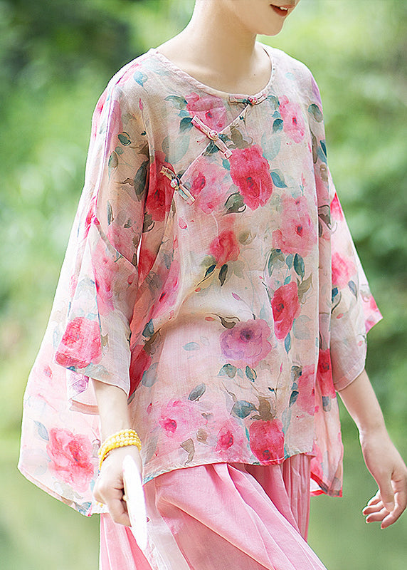 Natural Pink O Neck Print Chinese Button Linen Shirt Summer