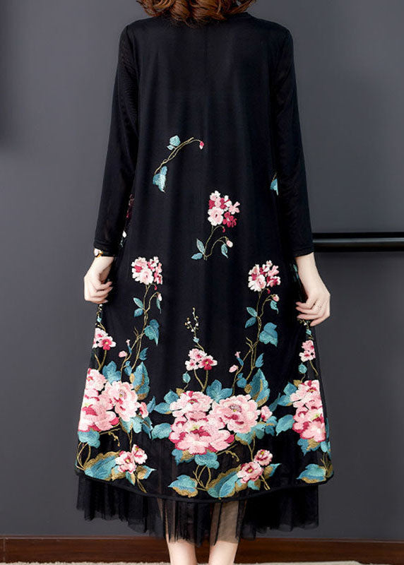 Natural Black Paneled Embroidered Silk Holiday Dress Spring