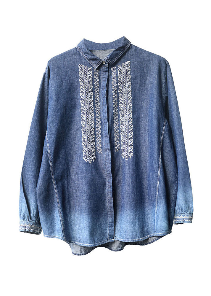 Natural Blue Patchwork Embroidered Peter Pan Collar Denim Shirt Long Sleeve