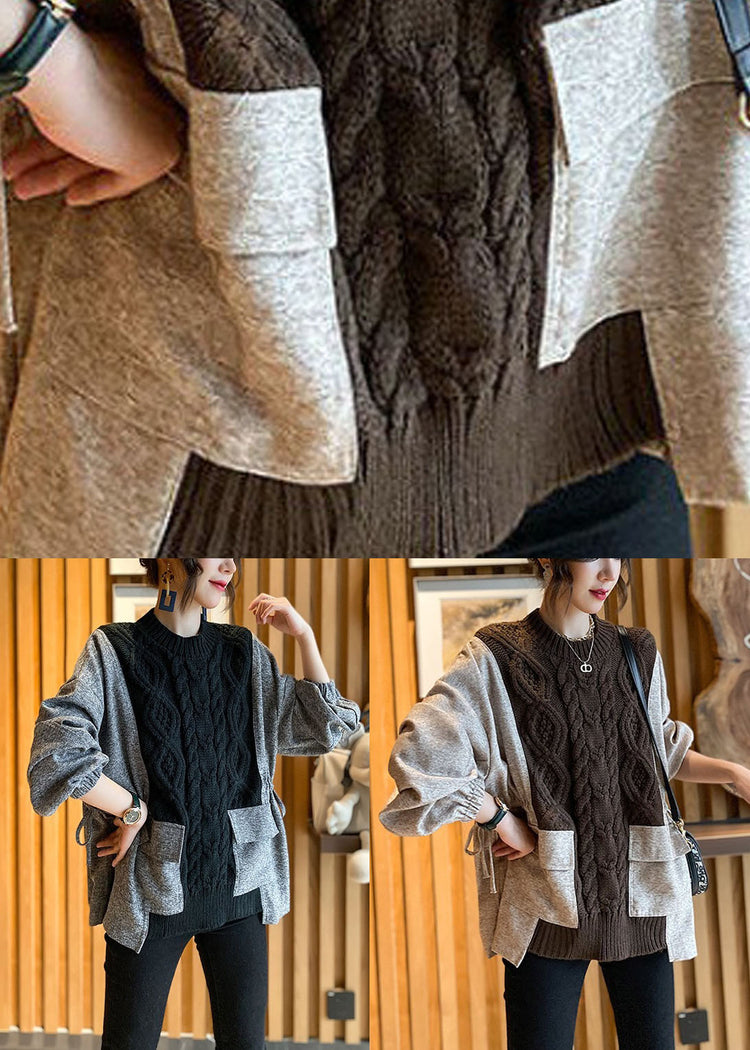 Natural Chocolate Patchwork Pockets Cinched Thick Fall Knit Sweater