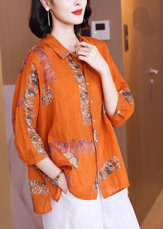 Natural Orange Peter Pan Collar Print Button Side Open Linen Top Half Sleeve