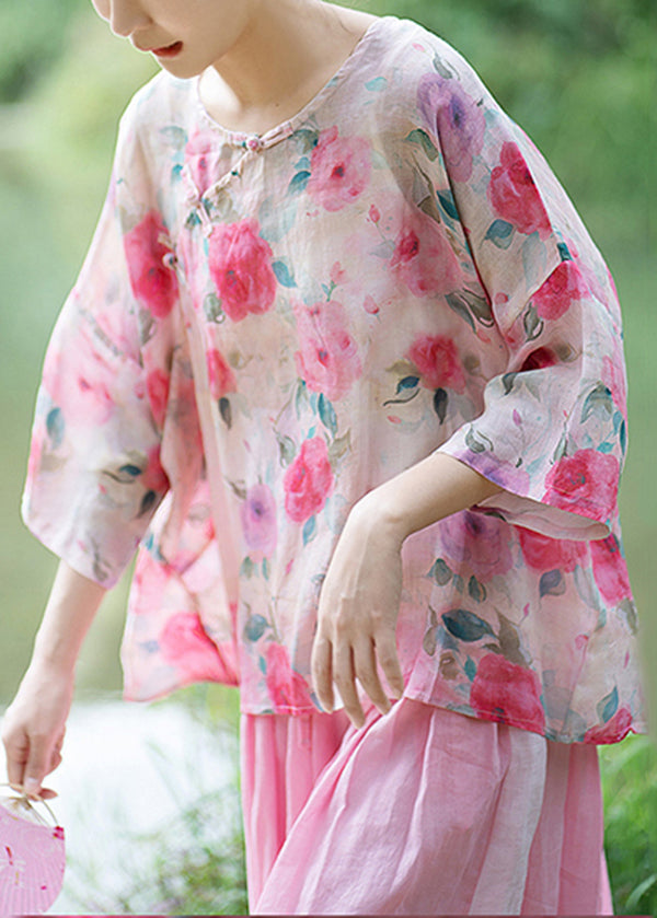 Natural Pink O Neck Print Chinese Button Linen Shirt Summer