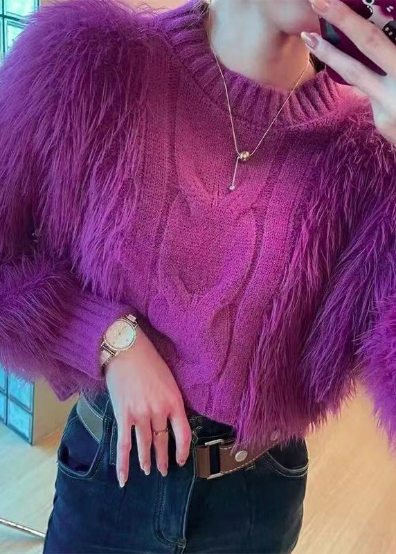 Natural Purple O Neck Tasseled Mink Hair Knitted Sweaters Fall